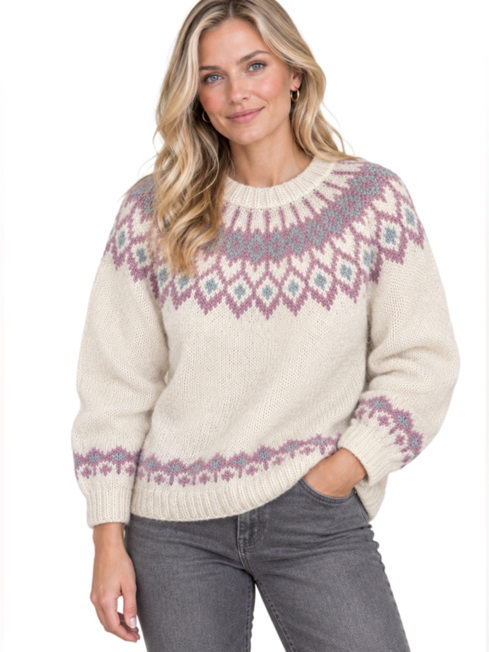 Icelandic Hand-knitted Wool Sweater, Cream, Rose, Gray, Small - Medium, NWOT